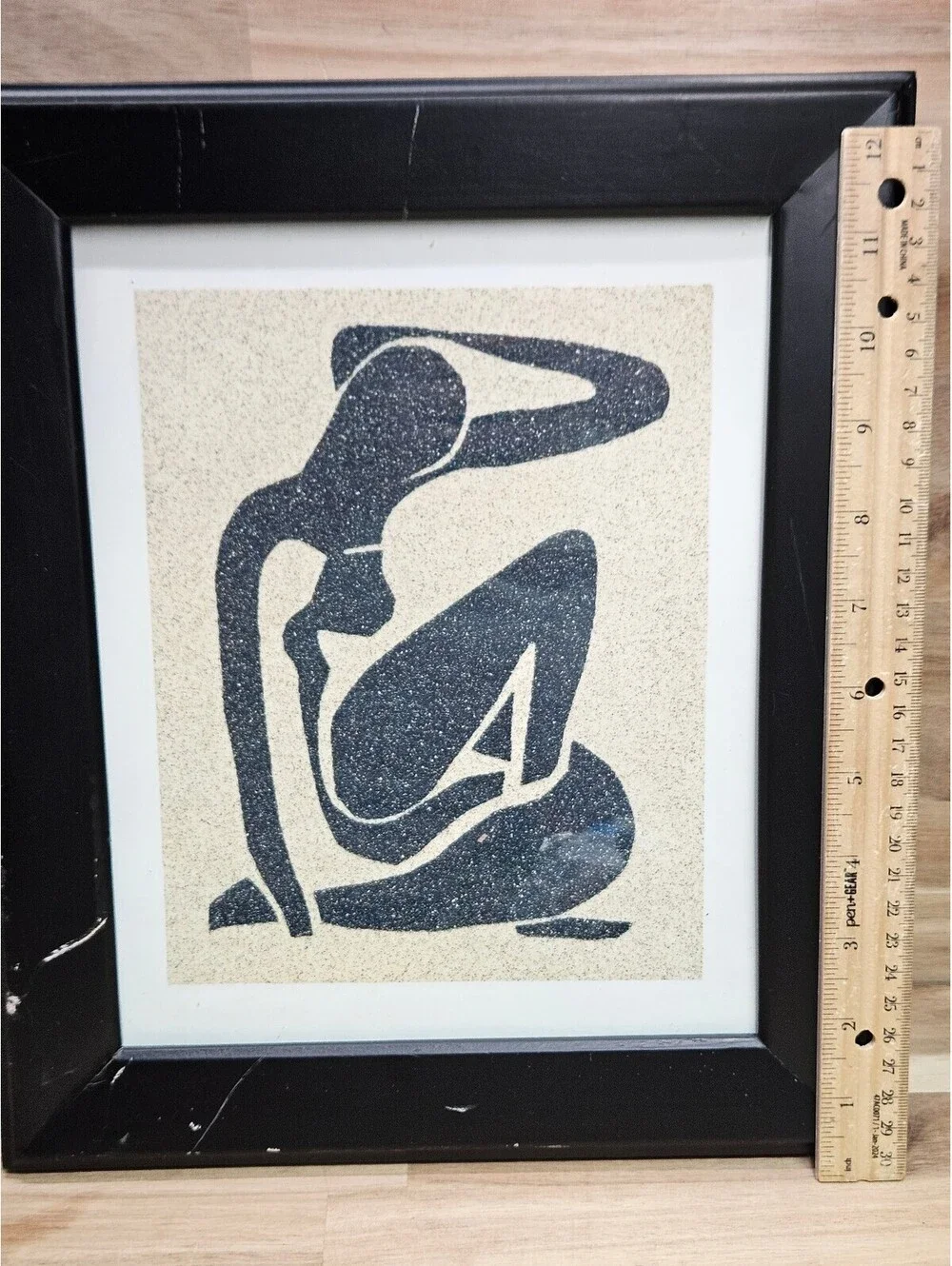 Vintage Framed Matisse Style Black Seated Female Silhouette Textured Sand Art